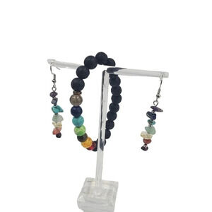 Beautiful Chakra Stones Earrings and Matching Black Lava Stone Chakra Bracelet.